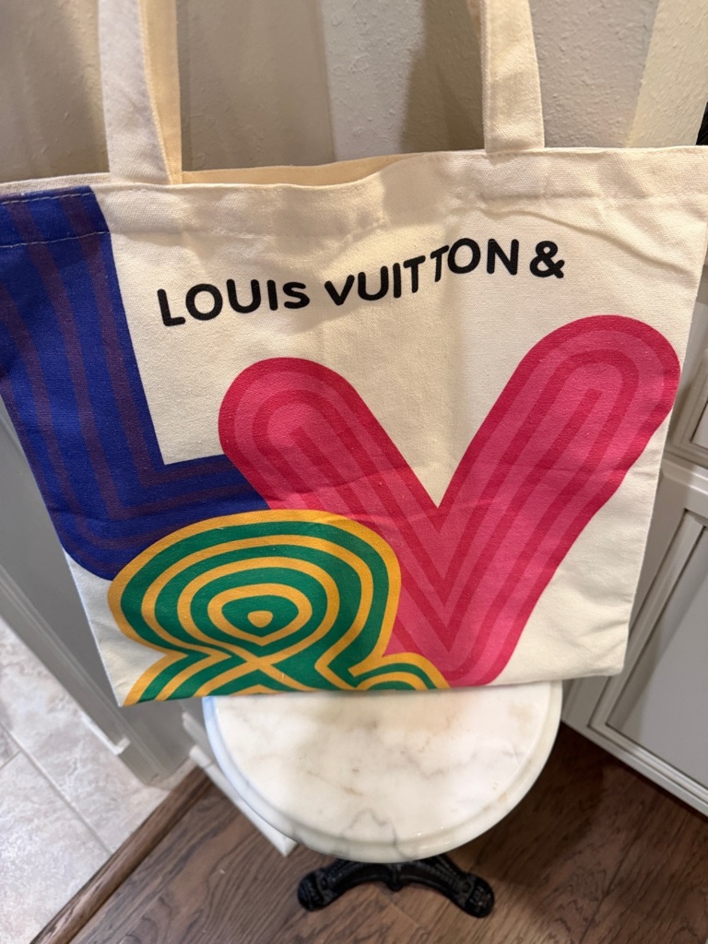 Louis Vuitton Cream Canvas Tote with Pink, Blue & Green Graphic